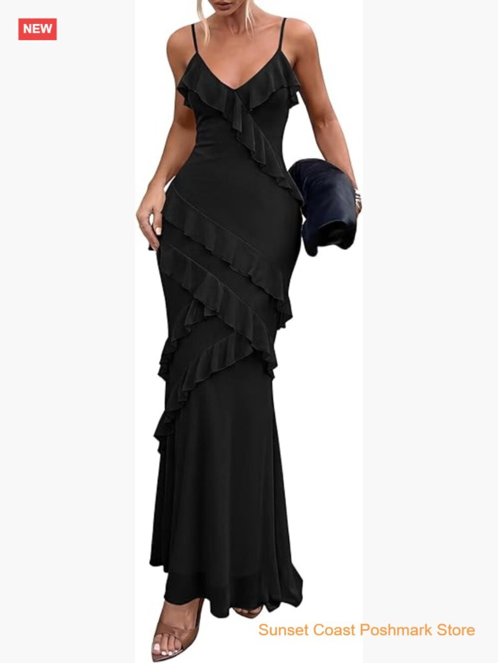 V Neck Spaghetti Strap Sleeveless Bodycon Maxi Dress with Ruffle Trim